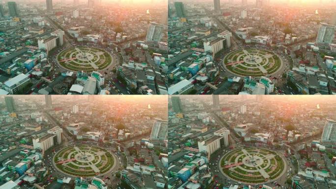 曼谷市交通鸟瞰图泰国转盘广场俯拍转盘车流