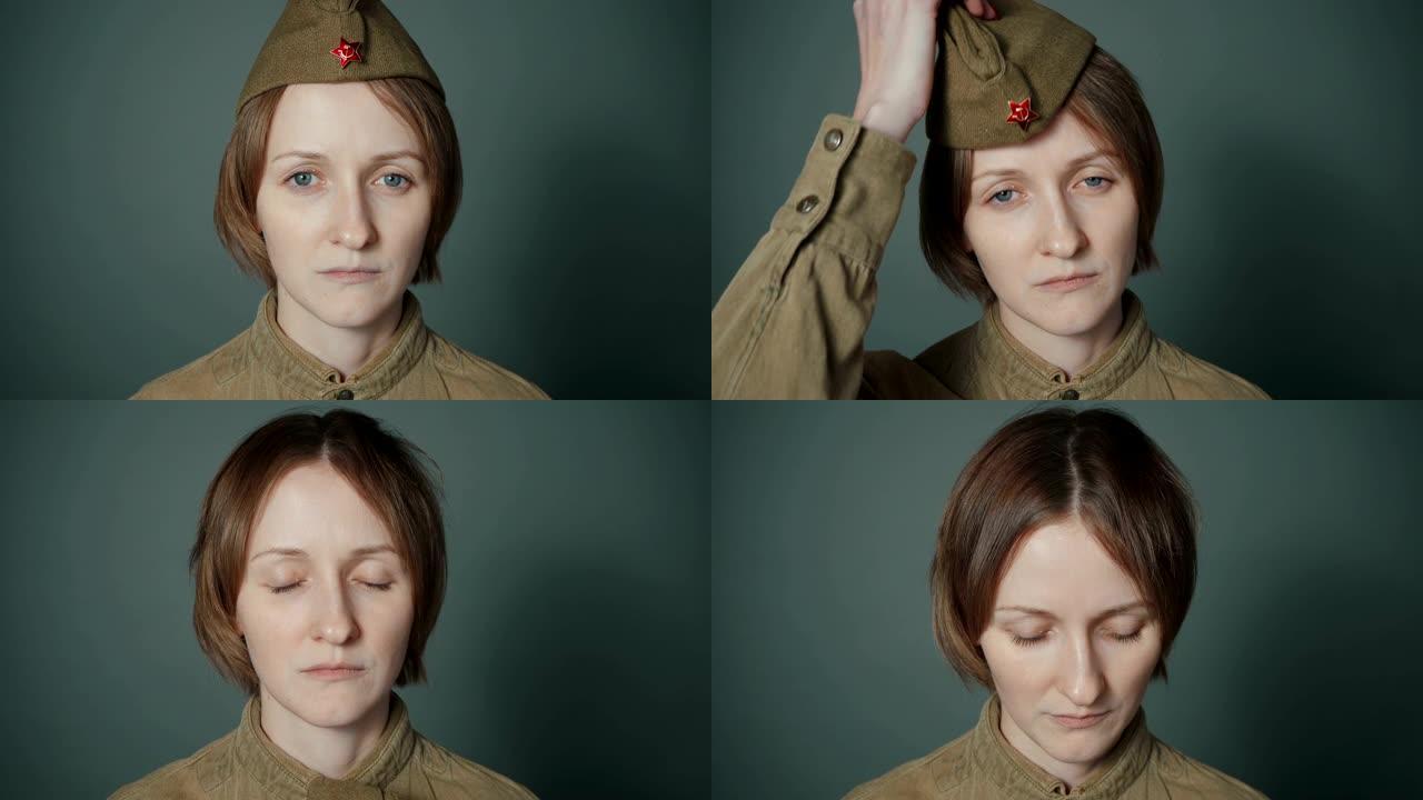 年轻女子穿着苏联制服的录像
