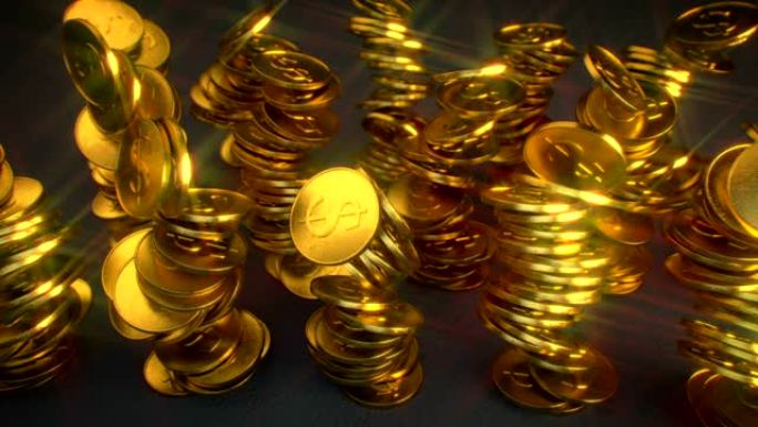掉落的闪闪发光的金色硬币3D渲染动画