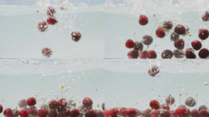 成熟的甜樱桃在干净的白色背景上溅入水中。水中的气泡。慢动作。水下视频拍摄。全高清视频，240fps，