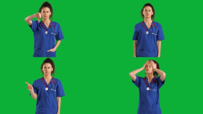 女医生在色度键绿屏背景上看相机，负面情绪