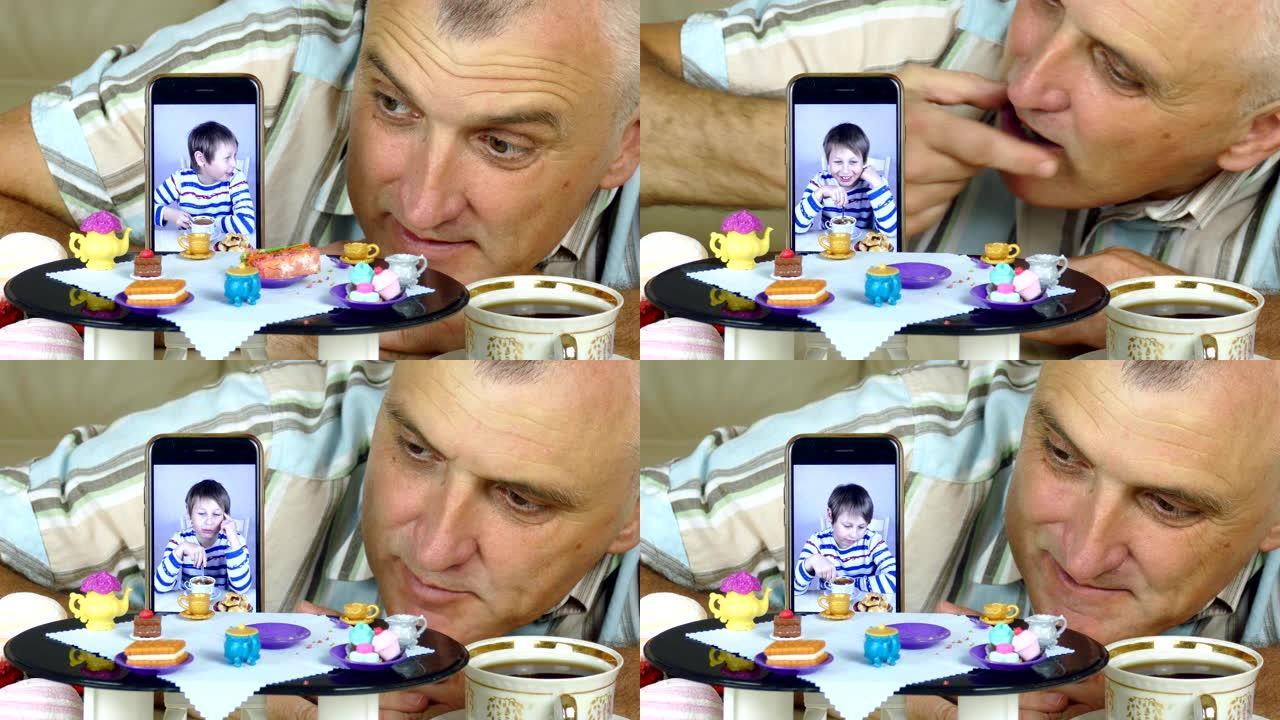 家人在娃娃桌上通过视频通话喝茶聊天