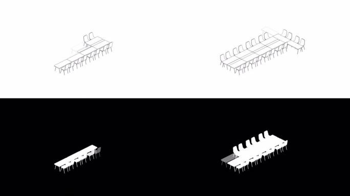 会议室设置布局配置t形风格，白色背景动画4K上的3D虚拟等距概念设计插图，带哑光阿尔法通道的复制空间