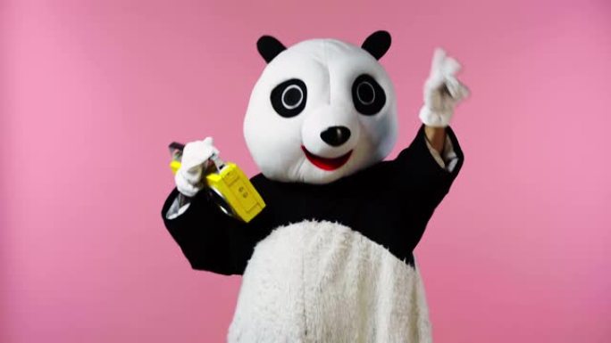 穿着熊猫熊服装的人与粉红色孤立的boombox跳舞