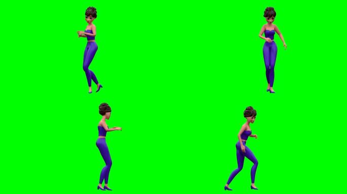 绿色屏幕上紫色的3D舞蹈女人