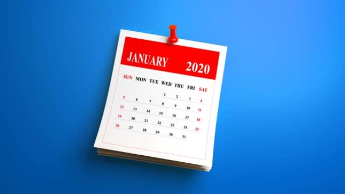 蓝色背景上的日历2020年循环1月月份页面