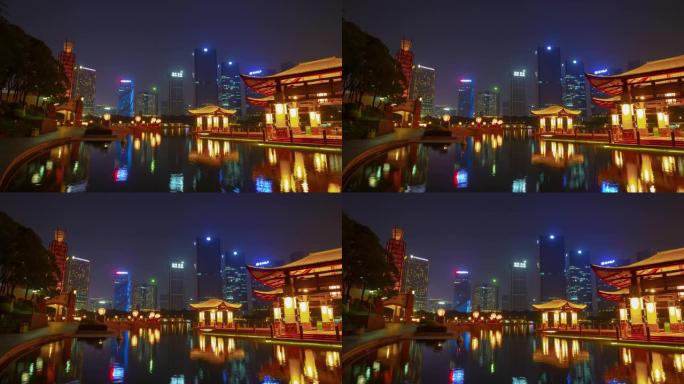 夜间照明佛山市著名河滨公园广场全景延时4k中国