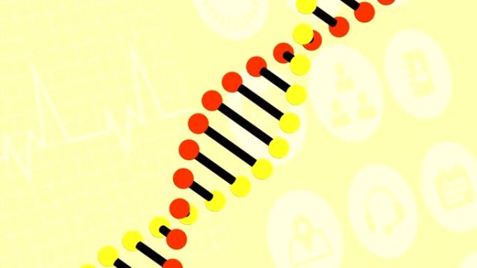 DNA菌株在心跳监视器和社交图标上旋转的动画