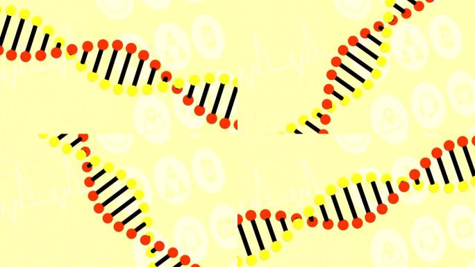 DNA菌株在心跳监视器和社交图标上旋转的动画