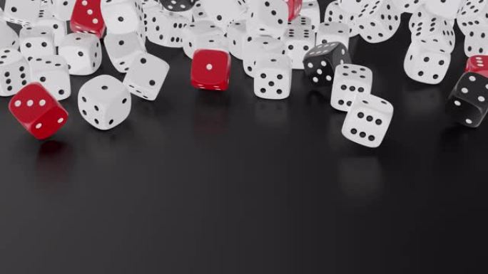 一堆骰子落在黑桌上。赌博和赌场概念。3D渲染镜头。