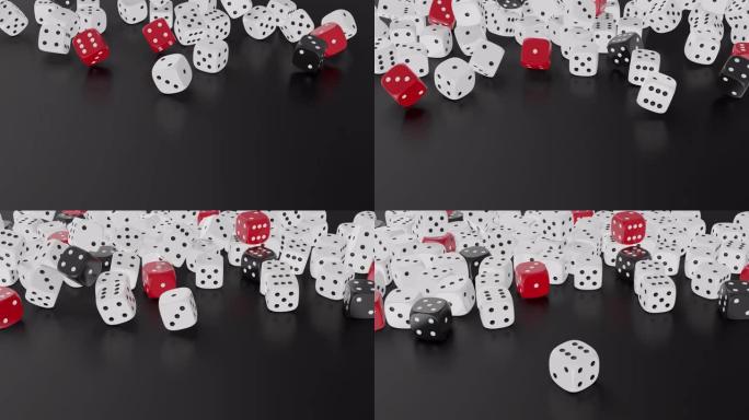 一堆骰子落在黑桌上。赌博和赌场概念。3D渲染镜头。