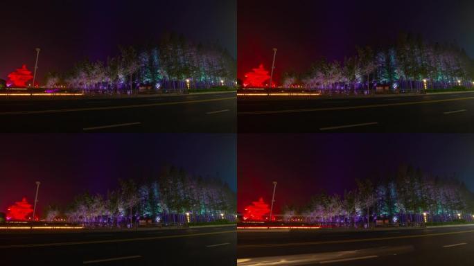 夜间照明青岛市著名海湾纪念碑交通街延时全景4k中国