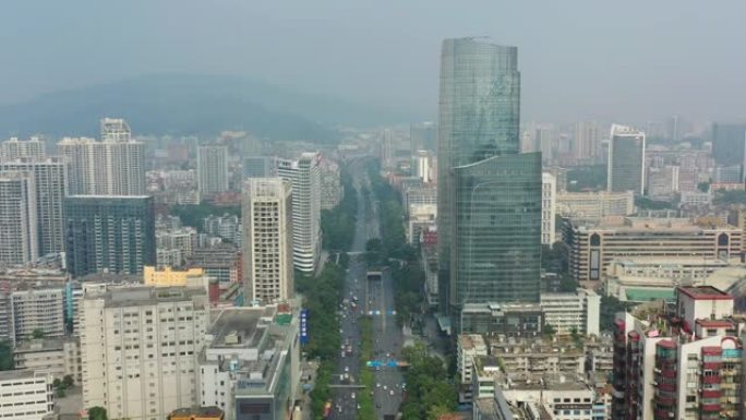 夏季雾霾广州市中心交通街道路空中全景4k中国