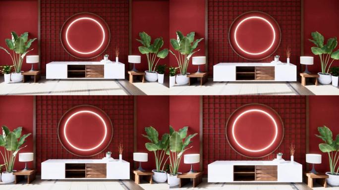 橱柜木制红色空房间，3d渲染
