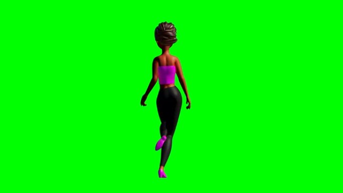 绿色屏幕上3D行走女人的后视图