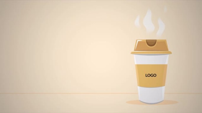 咖啡屋徽章蒸汽纸杯中的热咖啡，米色背景。只需添加您的徽标。2d动画、卡通、视频剪辑