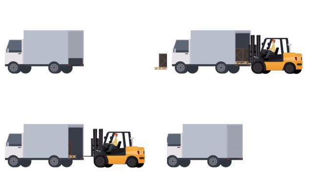 叉车的动画。叉车将托盘装载到卡车中。交通，卡通