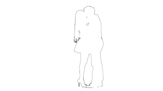 浪漫情侣接吻的草图。剪影。白色背景