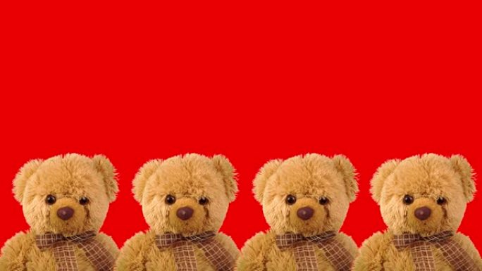 红色背景上的泰迪熊。一只很酷的DJ泰迪熊。跳舞的泰迪熊。VJ。一群棕熊。