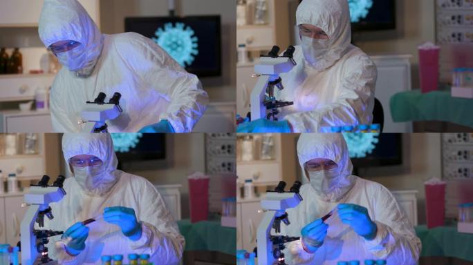 场景与实验室中的研究人员一起移动，并在背景中的监视器上显示了冠状病毒COVID19的图形，该监视器返