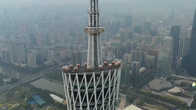 日落时间广州市中心著名塔顶视点航空全景4k中国