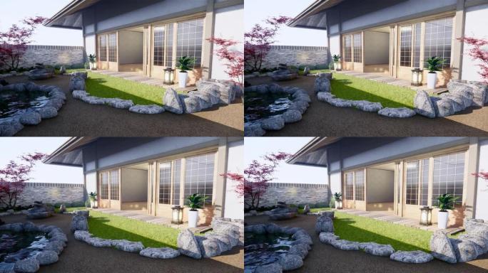 日本花园热带外观设计日本风格。3d渲染