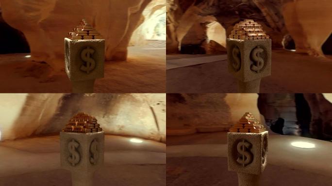 洞穴中纪念碑美元标志上的金锭条