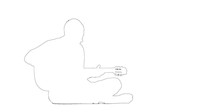 男人音乐家的轮廓素描坐在地板上弹吉他。孤立在白色背景上的剪影