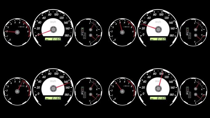 速度表跑车，启动加速和制动。黑屏背景。4k动画。