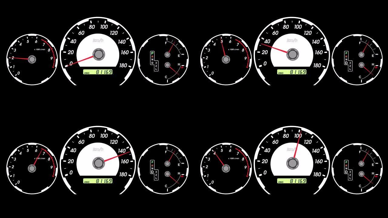 速度表跑车，启动加速和制动。黑屏背景。4k动画。