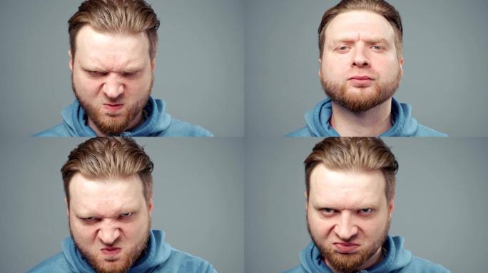 穿着蓝色运动衫的愤怒金发男子的视频，肖像