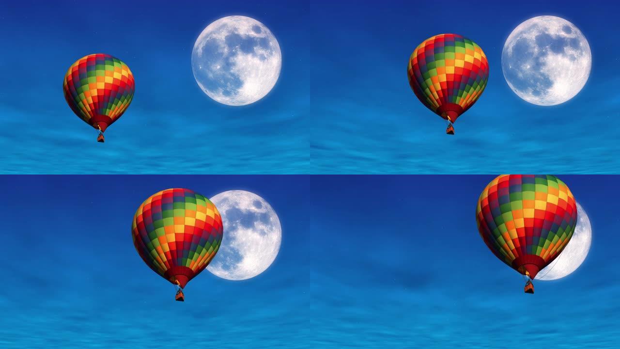 一个五颜六色的热气球漂浮在繁星点点的夜空上 -- 满月前