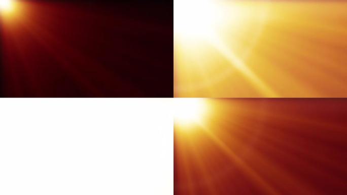 镜头耀斑烧伤。来自左上角的橙色光线。侧面对角光光学镜头耀斑闪亮的动画艺术背景。照明太阳光线模拟效果。