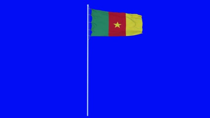 喀麦隆旗帜迎风飘扬在蓝屏或色度键背景上。4 k的动画