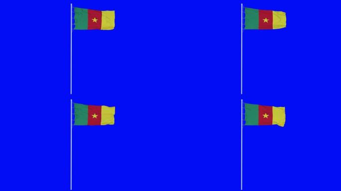 喀麦隆旗帜迎风飘扬在蓝屏或色度键背景上。4 k的动画