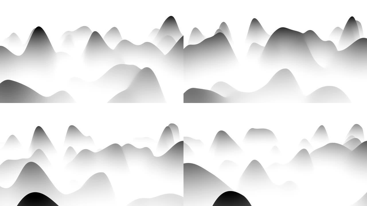抽象的黑白渐变波浪状背景，带有朦胧的风景感。CG循环动画。3D渲染。