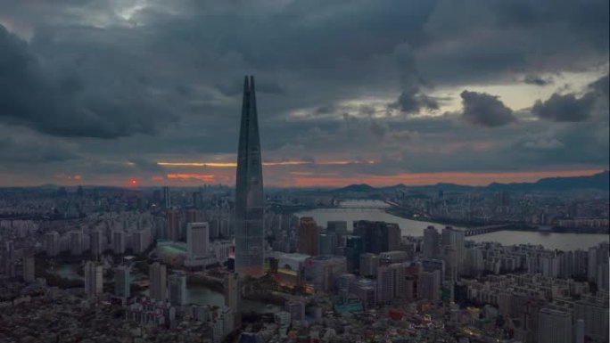 首尔著名塔河畔城市景观日落天空空中全景4k延时韩国
