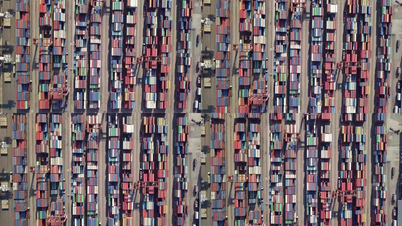 4k商业港口进出口货物和港口数千个集装箱的鸟瞰图