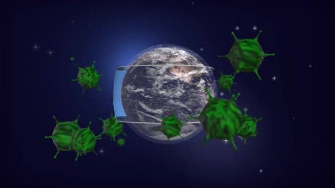地球戴口罩保护和病毒冠状病毒 (新型冠状病毒肺炎) 漂浮在3D渲染周围。医疗保健和疫情预防概念