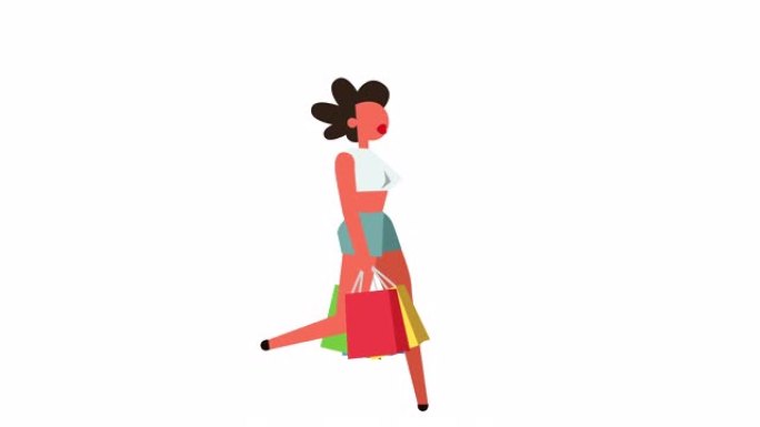 简笔画彩色象形图女女孩角色跑步带购物袋销售卡通动画