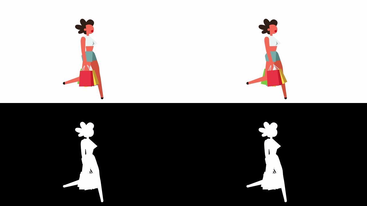 简笔画彩色象形图女女孩角色跑步带购物袋销售卡通动画