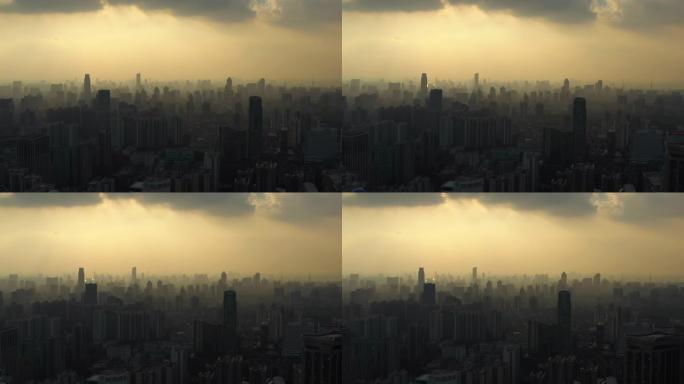 日落时间烟雾广州中心城市景观空中全景4k中国