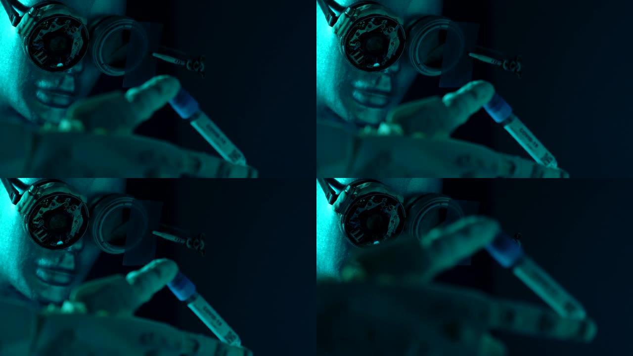 仿人机器人在未来场景中检查血液样本以新型冠状病毒肺炎的4k视频