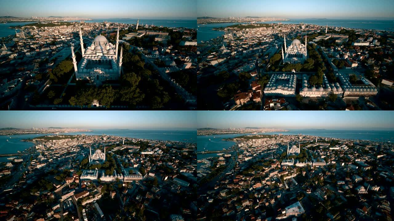 伊斯坦布尔历史半岛-苏莱曼清真寺的超广角无人机拍摄