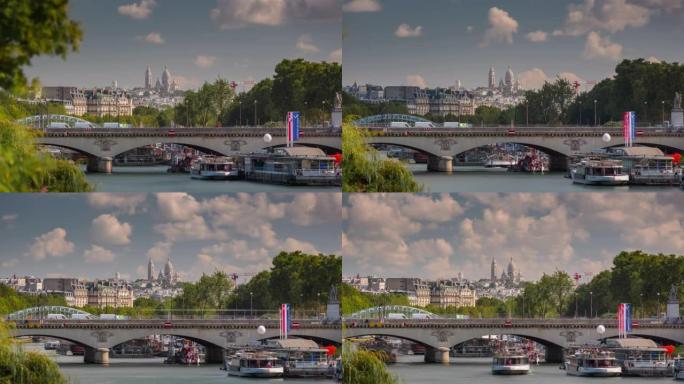 夏日巴黎市著名的河流交通桥大教堂景观延时全景4k法国