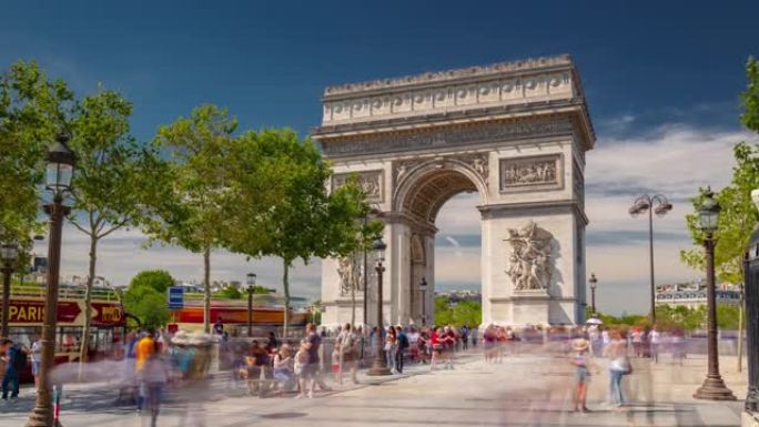 巴黎市晴天著名拱门拥挤交通广场延时全景4k法国