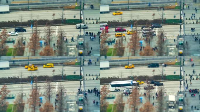 高峰时间在纽约市的生活，在曼哈顿的一个街道十字路口照亮的交通微缩视图，4K时间流逝。