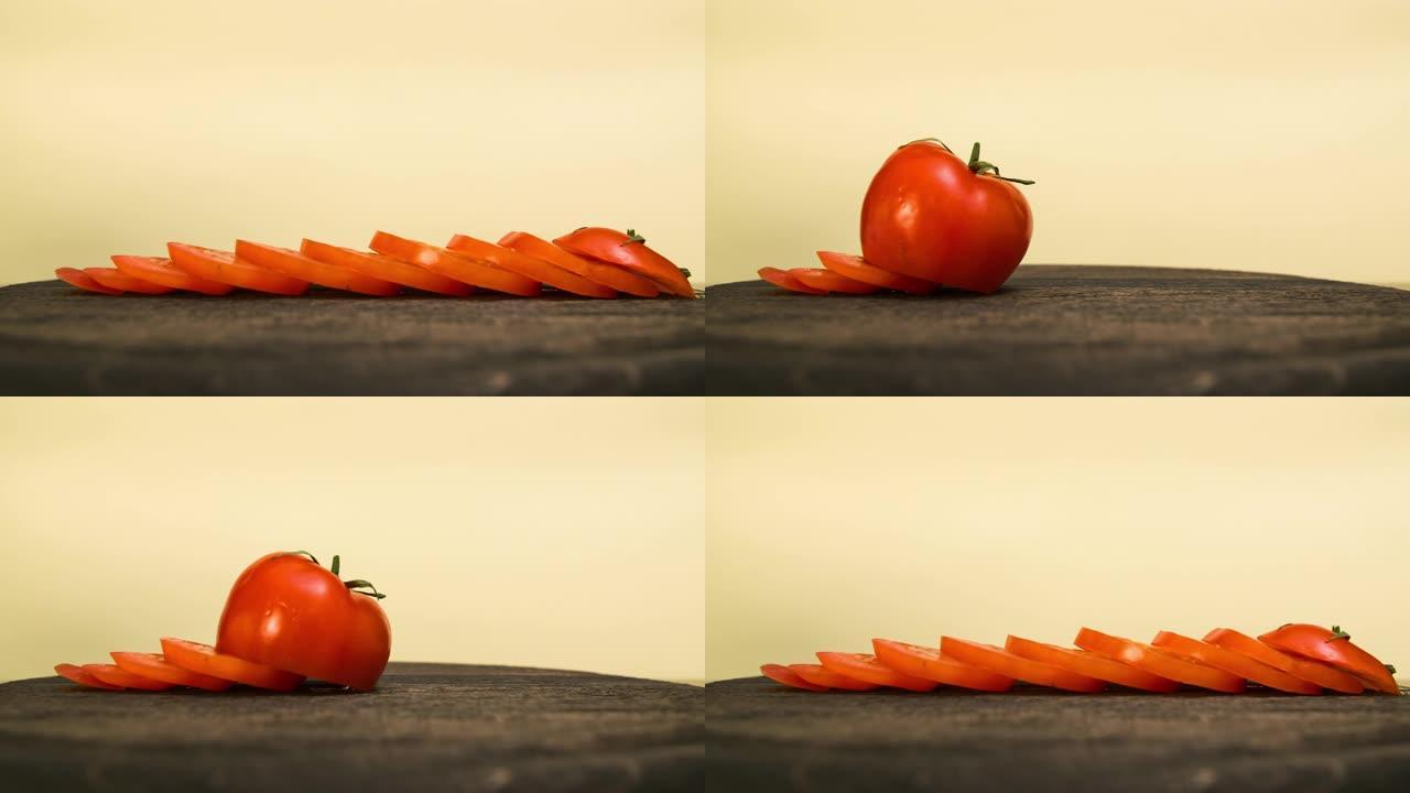 切碎番茄。木菜板上切片蔬菜的特写。停止运动动画