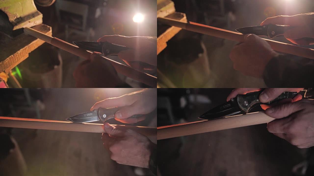 木匠使用木材细节。用刀进行加工