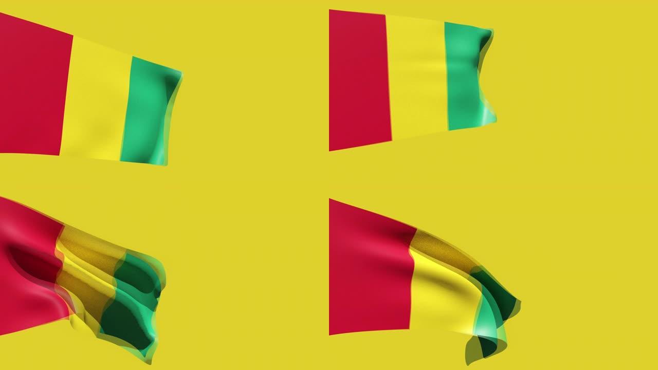 3D渲染几内亚国旗的高分辨率视频，在黄色背景上移动。